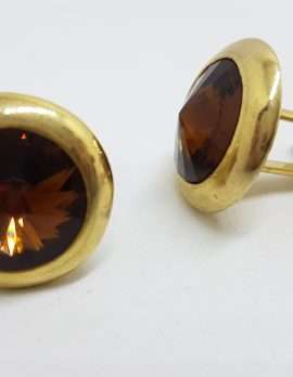 Vintage Costume Gold Plated Cufflinks – Round – Patterned Brown