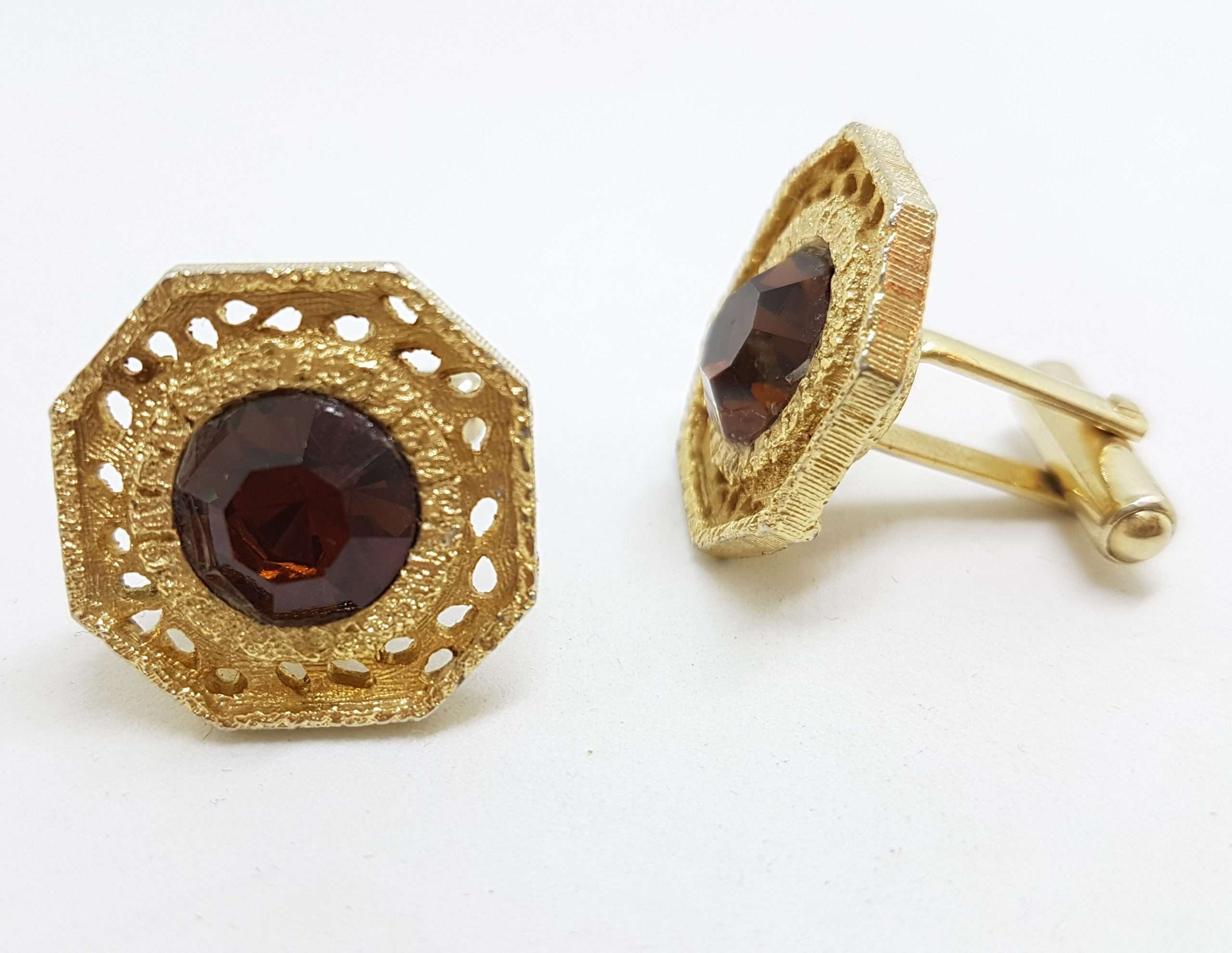 20200901_132739 Vintage Costume Gold Plated Cufflinks – Hexagonal - Brown