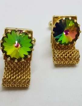 Vintage Costume Gold Plated Cufflinks – Round - Large Green Mystic