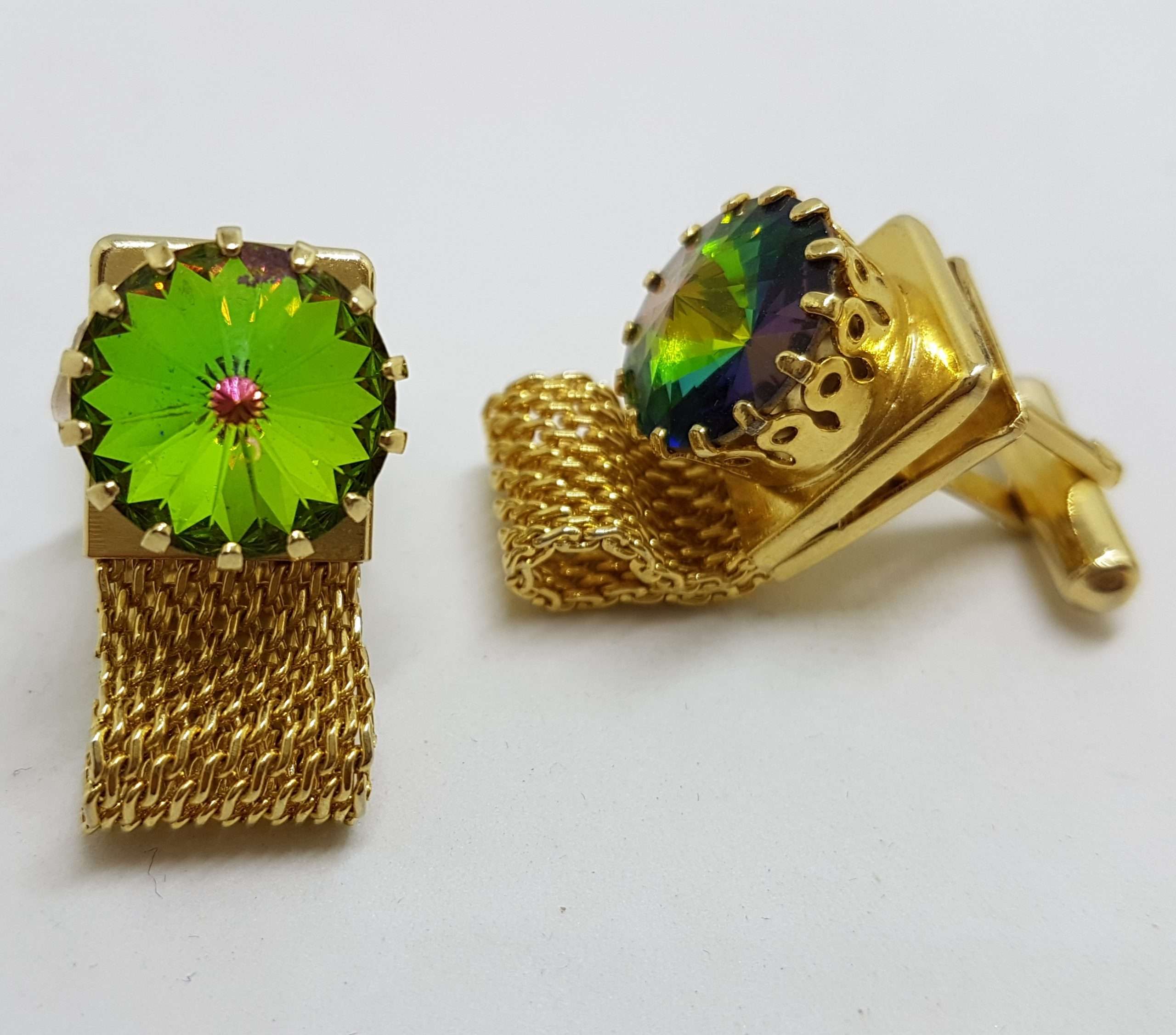 Vintage Costume Gold Plated Cufflinks – Round - Large Green Mystic