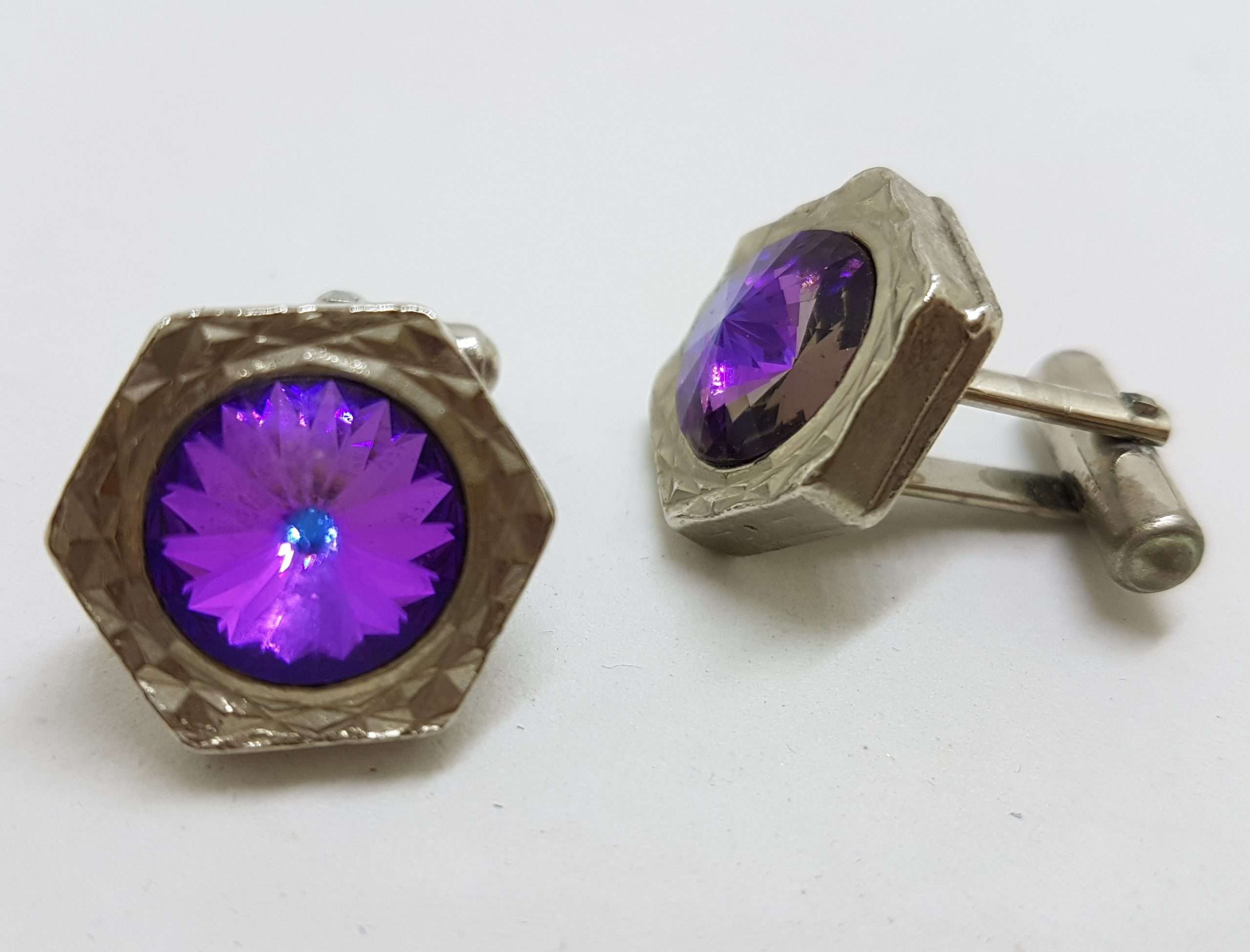 Vintage Costume Silver Plated Cufflinks - Hexagonal - Purple Mystic