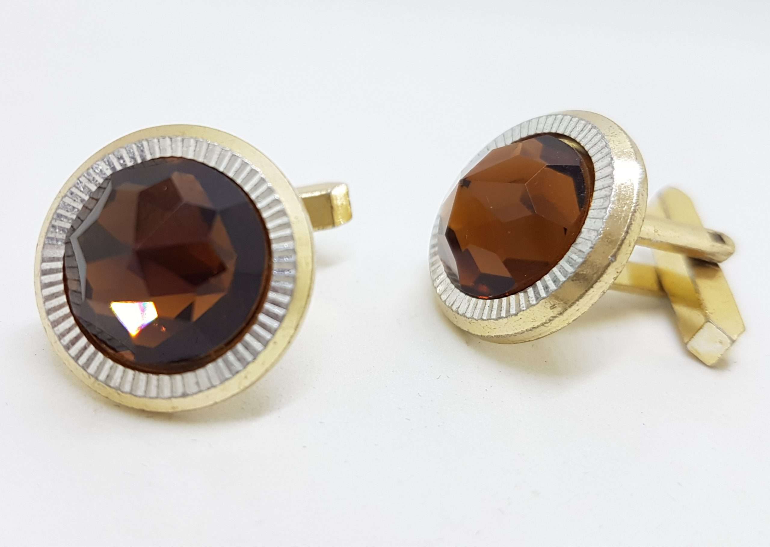 Vintage Costume Gold Plated Cufflinks - Round - Brown