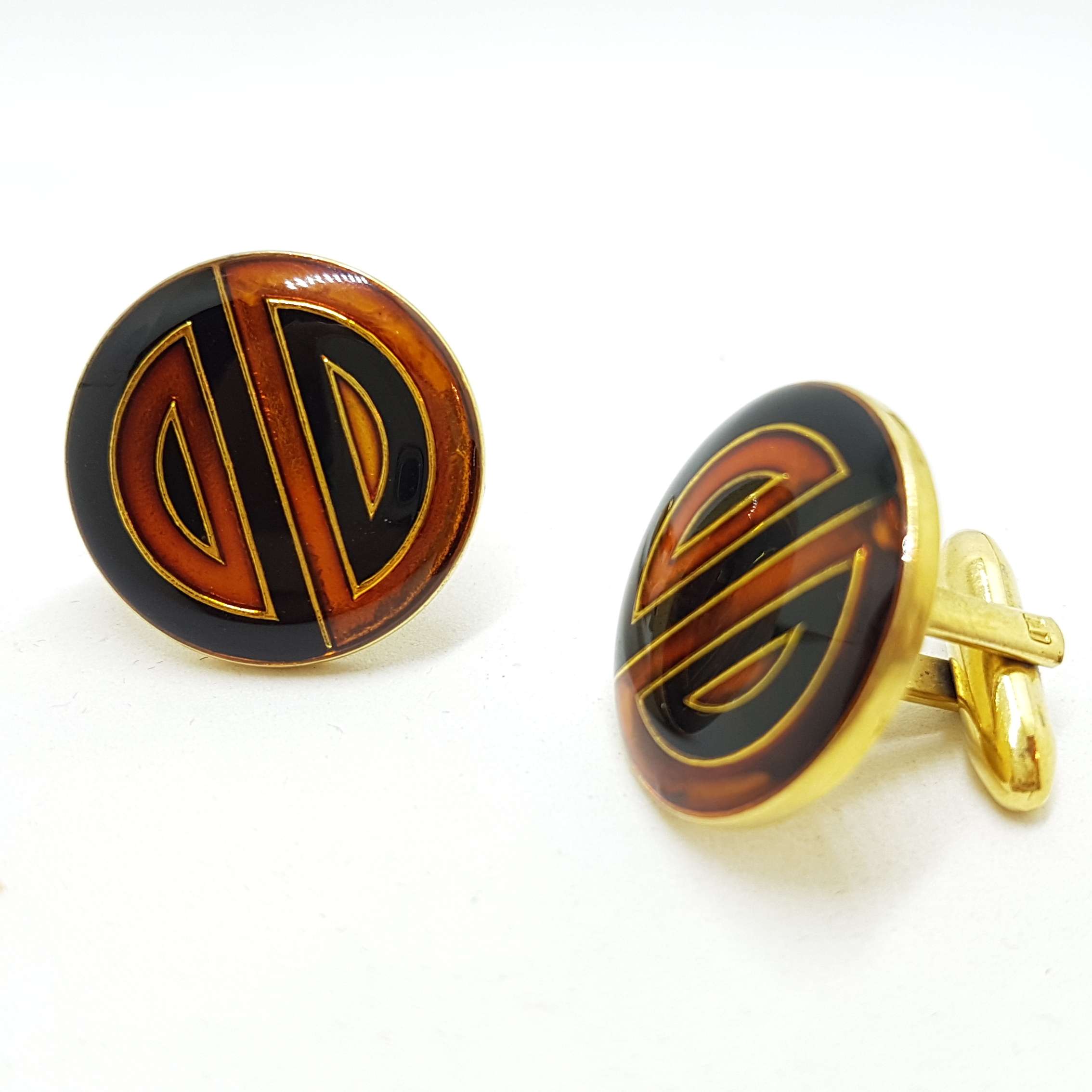 Vintage Costume Gold Plated Cufflinks - Round - Brown & Black