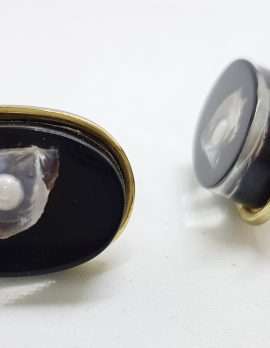 Vintage Costume Gold Plated Cufflinks - Oval - Black with Pearl in Shell