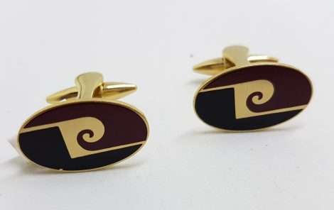 Vintage Costume Gold Plated Cufflinks - Oval - Black and Maroon P