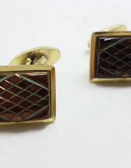 Vintage Costume Gold Plated Cufflinks - Rectangular - Black/Brown Diamond Cut Pattern
