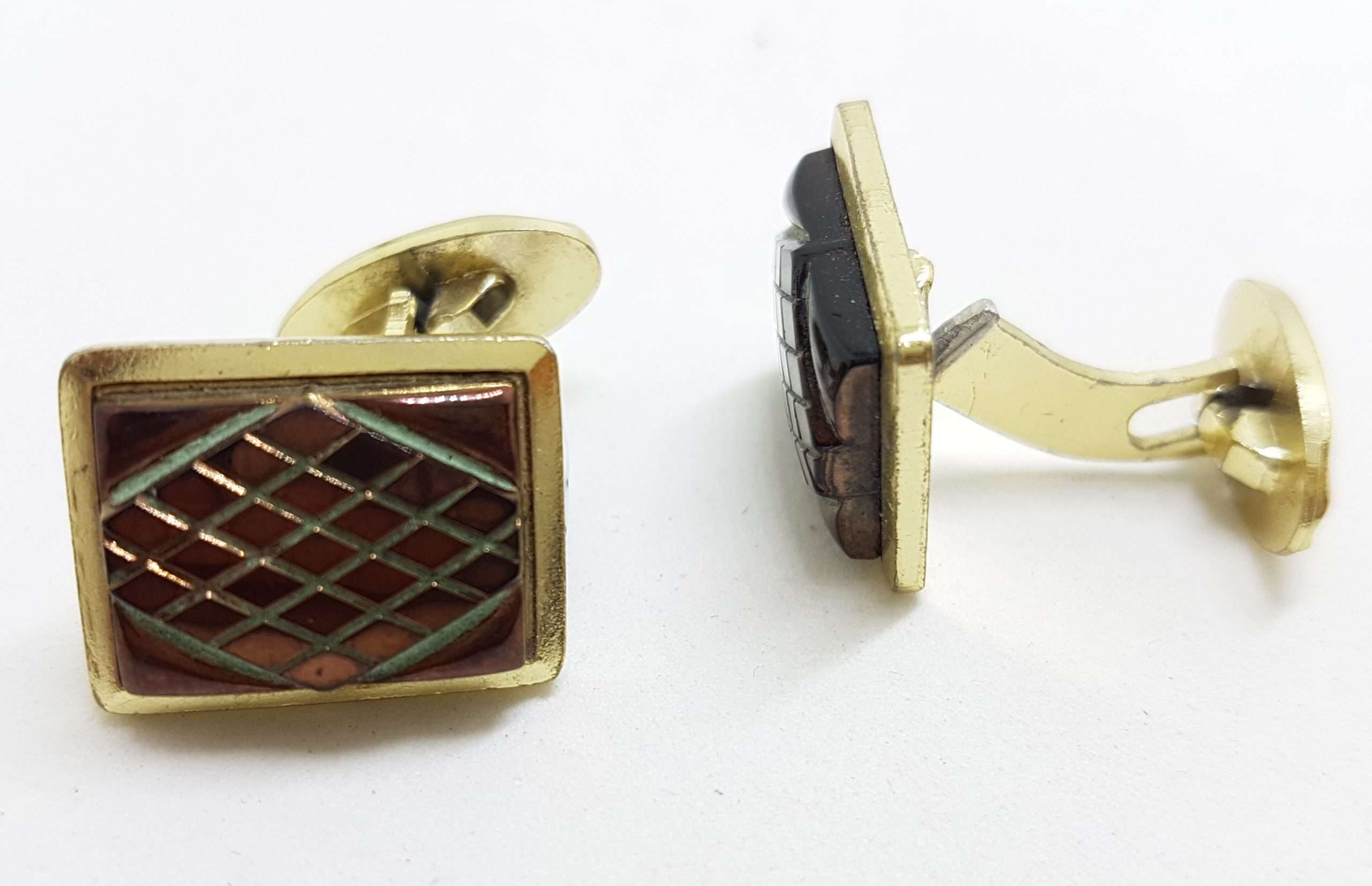 20200901_204737 Vintage Costume Gold Plated Cufflinks - Rectangular - Black/Brown Diamond Cut Pattern