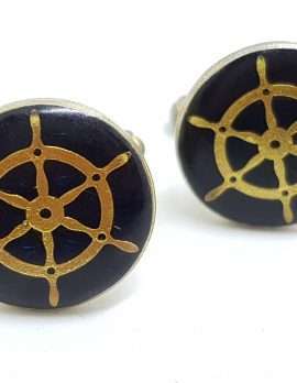 Vintage Costume Gold Plated Cufflinks – Round - Black Ships Wheel