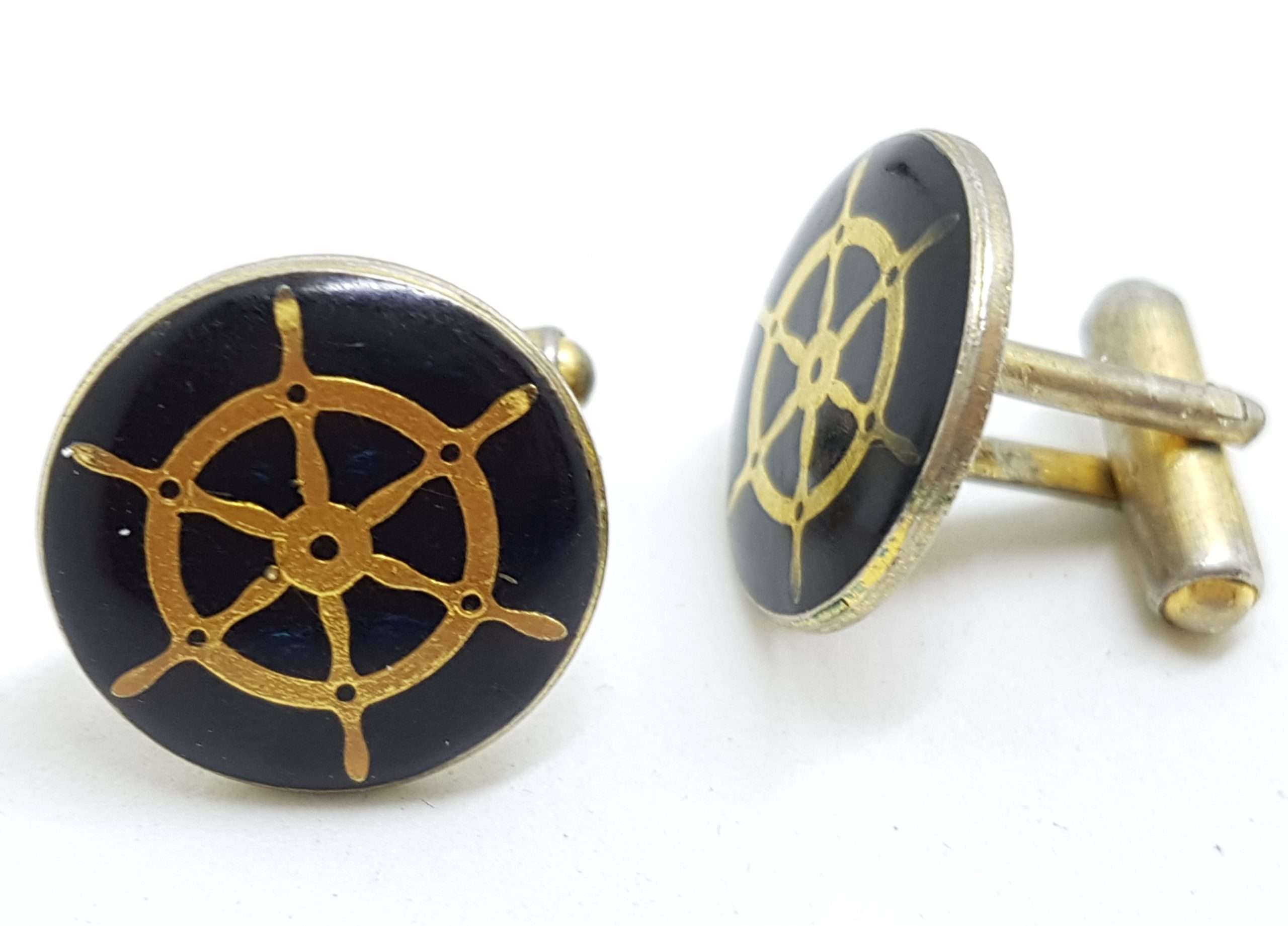20200901_205124 Vintage Costume Gold Plated Cufflinks – Round - Black Ships Wheel