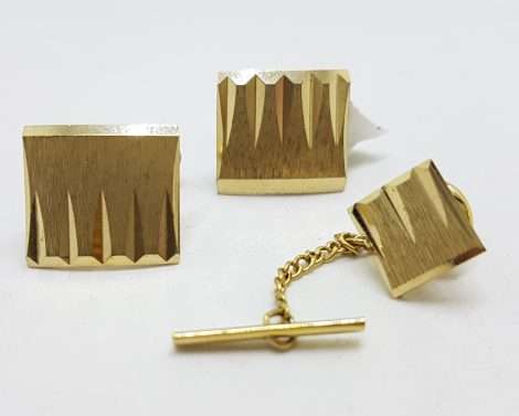 Vintage Costume Gold Plated Cufflinks & Tie Pin Set - Square