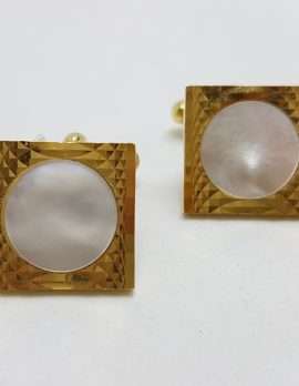 Vintage Costume Gold Plated Cufflinks - Round in Square - Mother of Pearl