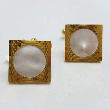 Vintage Costume Gold Plated Cufflinks - Round in Square - Mother of Pearl