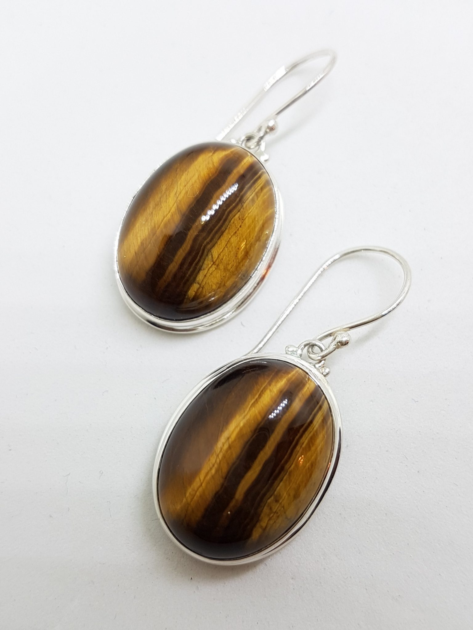 Sterling Silver Large Oval Bezel Set Tiger Eye Drop Earrings
