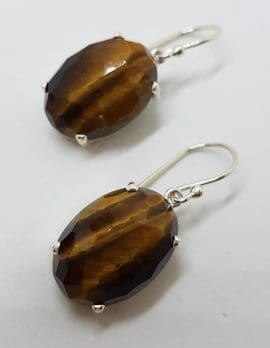 Sterling Silver Oval Faceted Claw Set Tiger Eye Drop Earrings