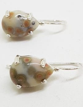 Sterling Silver Teardrop Pear Shape Claw Set Ocean Jasper Drop Earrings