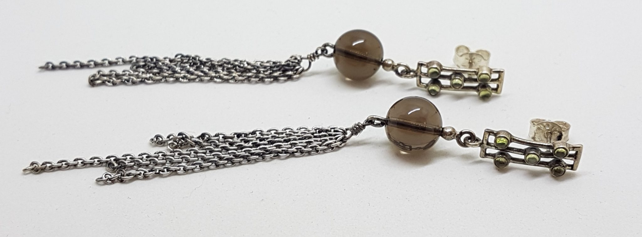 Sterling Silver Very Long Smokey Quartz and Peridot Tassel Drop Earrings