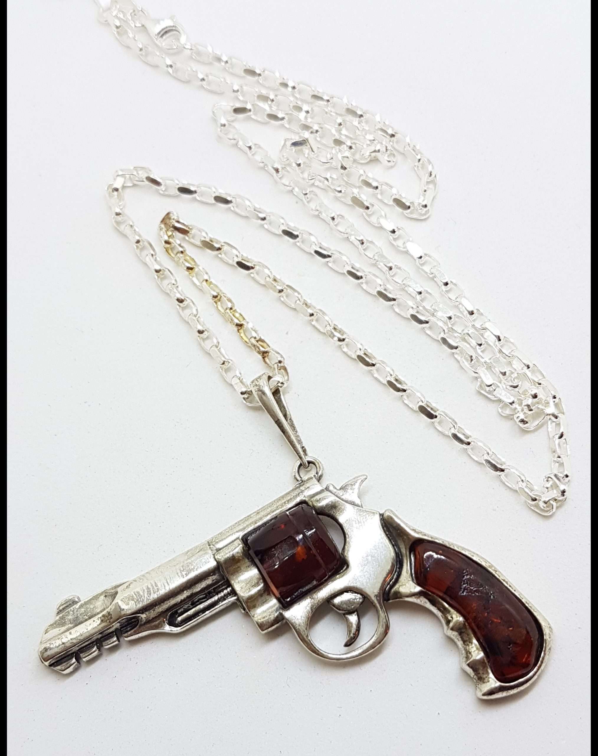 Sterling Silver Large Natural Baltic Amber Gun / Revolver / Pistol Pendant on Long Silver Chain - Dark