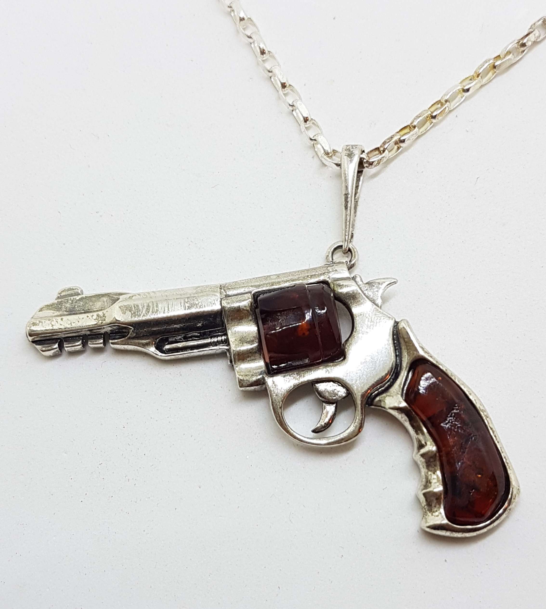 Sterling Silver Large Natural Baltic Amber Gun / Revolver / Pistol Pendant on Long Silver Chain - Dark