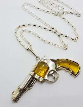 Sterling Silver Large Natural Baltic Amber Gun / Revolver / Pistol Pendant on Long Silver Chain - Light Colour