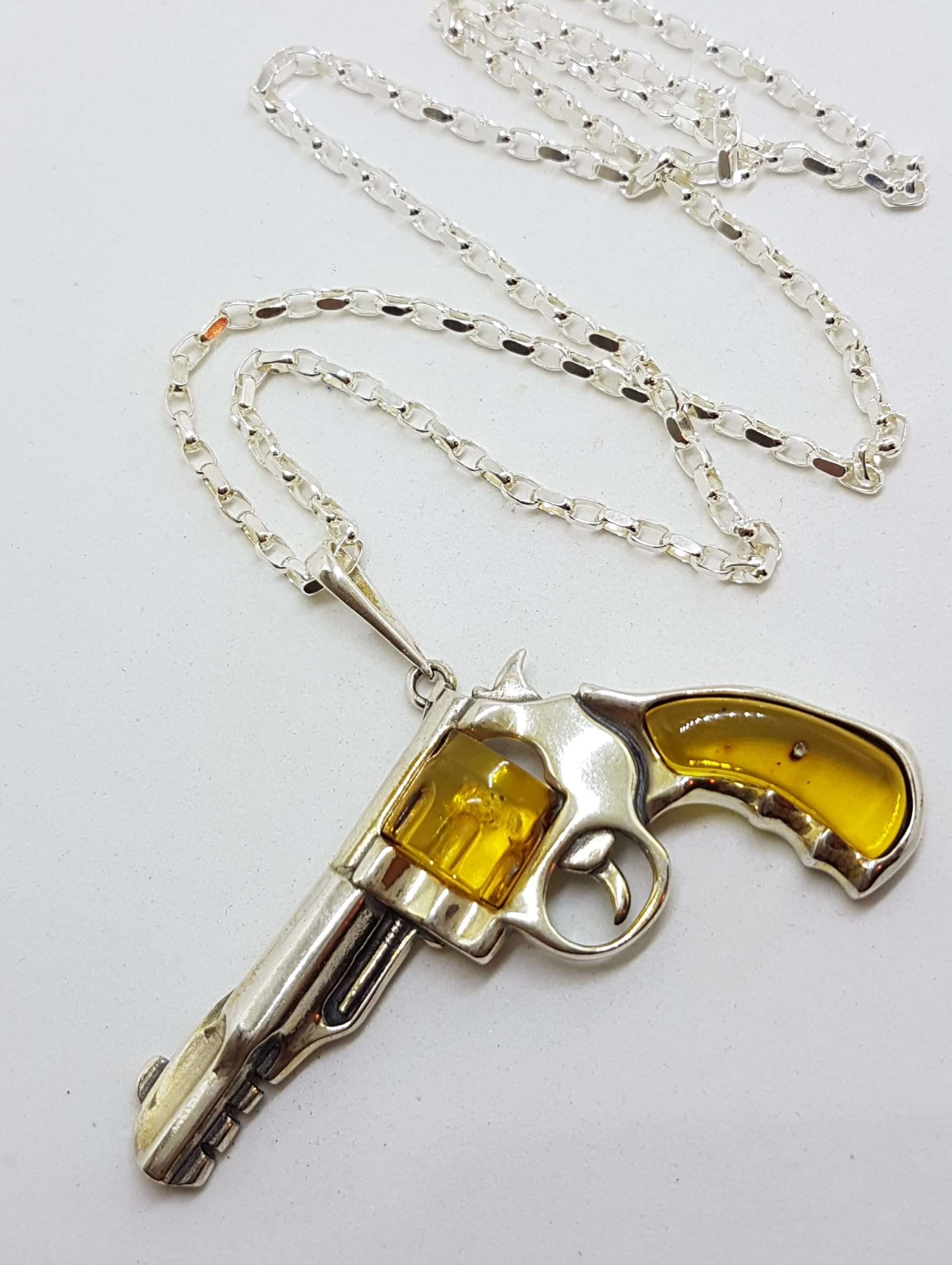 Sterling Silver Large Natural Baltic Amber Gun / Revolver / Pistol Pendant on Long Silver Chain - Light Colour