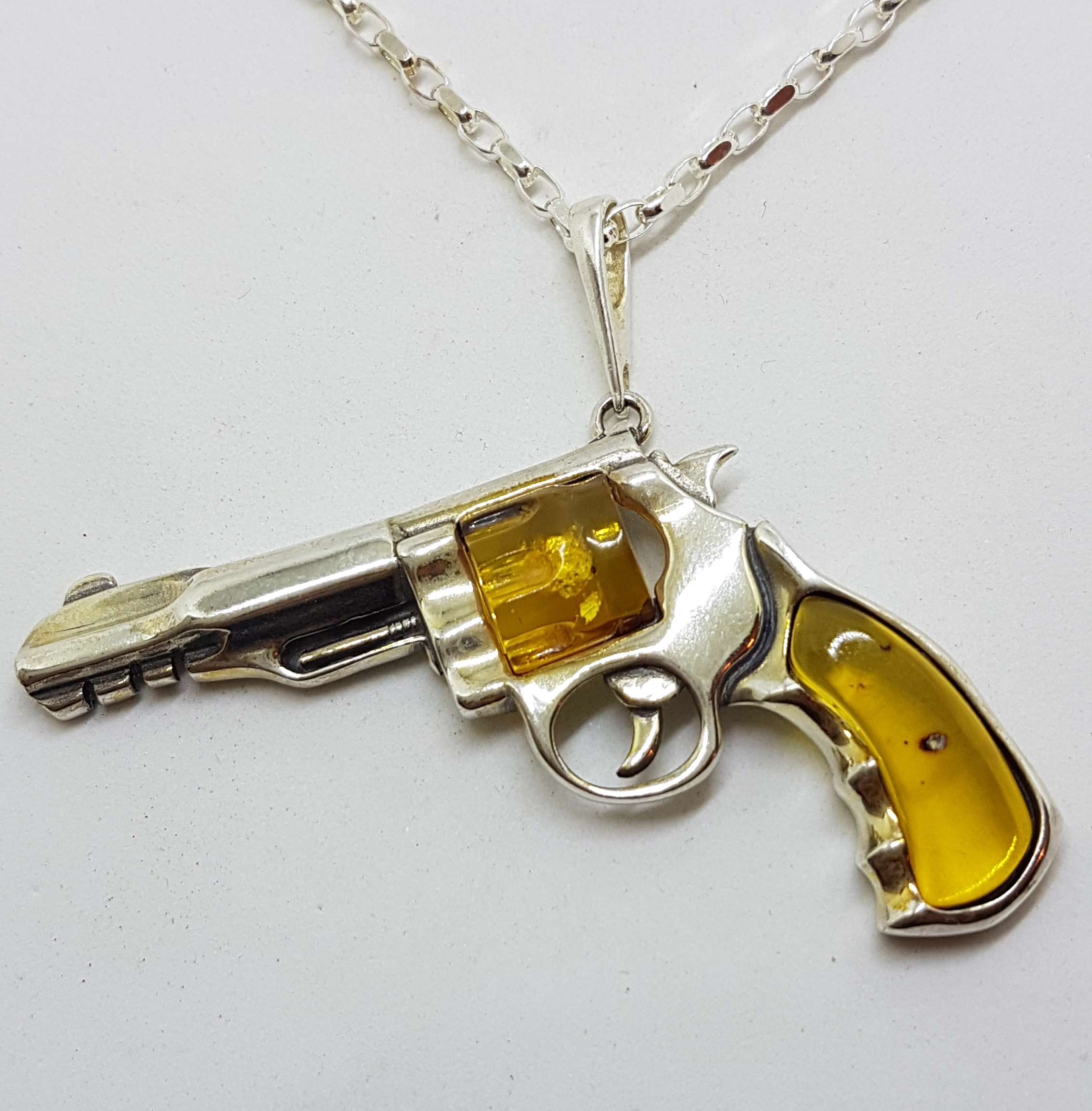 Sterling Silver Large Natural Baltic Amber Gun / Revolver / Pistol Pendant on Long Silver Chain - Light Colour