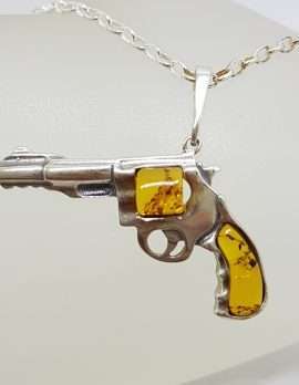 Sterling Silver Medium Natural Baltic Amber Gun / Revolver / Pistol Pendant on Long Silver Chain - Light Colour