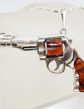 Sterling Silver Large Natural Baltic Amber Gun / Revolver / Pistol Pendant on Long Silver Chain - Dark