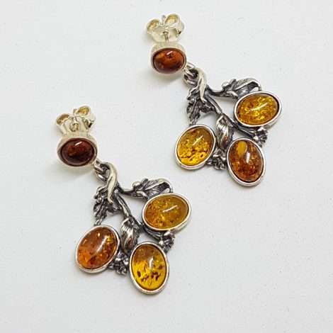 Sterling Silver Natural Baltic Amber Leaf Design Cluster Drop Earrings