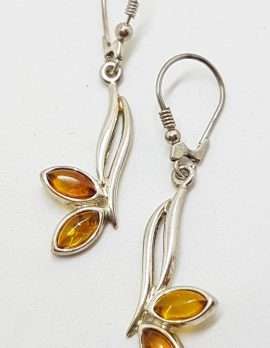 Sterling Silver Marquis Natural Baltic Amber Curved Drop Earrings