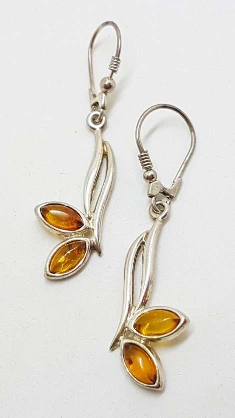 Sterling Silver Marquis Natural Baltic Amber Curved Drop Earrings
