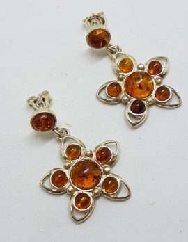 Sterling Silver Natural Baltic Amber Large Flower Cluster Drop Earrings