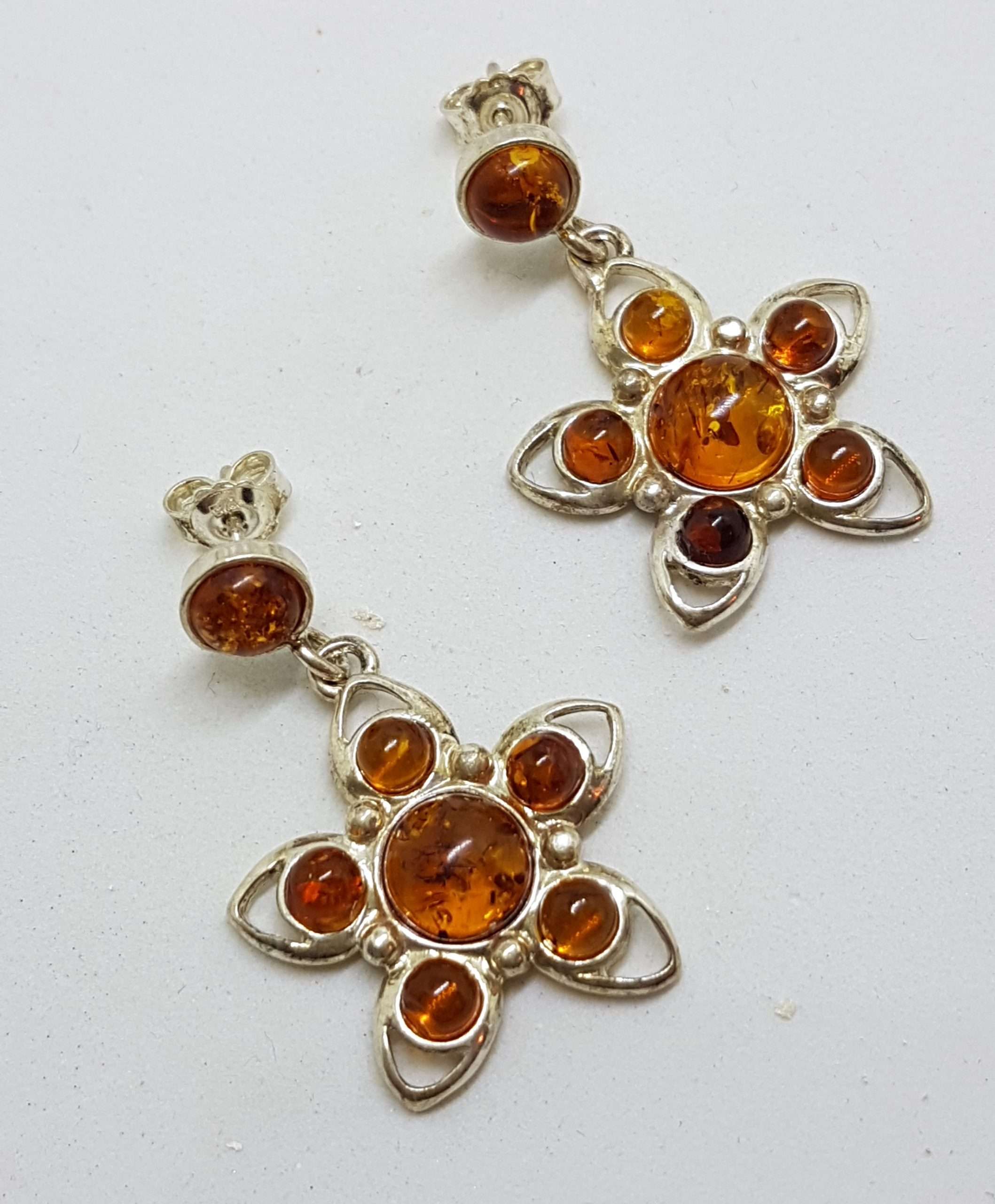 Sterling Silver Natural Baltic Amber Large Flower Cluster Drop Earrings