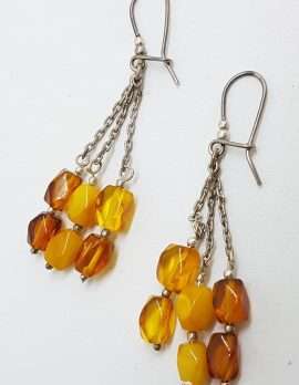 Sterling Silver Natural Baltic Amber Beads on Long Chain Drop Earrings - 3 Row