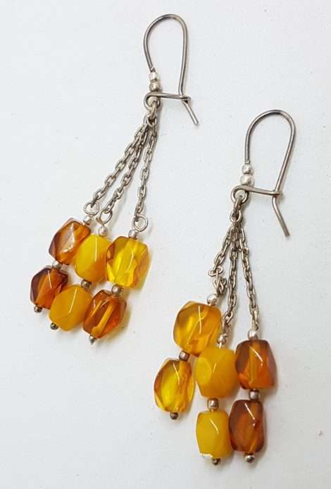Sterling Silver Natural Baltic Amber Beads on Long Chain Drop Earrings - 3 Row