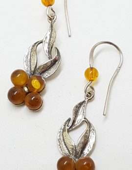 Sterling Silver Natural Amber Long Flower Cluster Drop Earrings