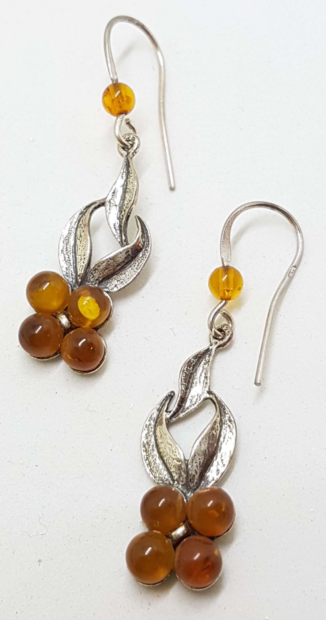 Sterling Silver Natural Amber Long Flower Cluster Drop Earrings