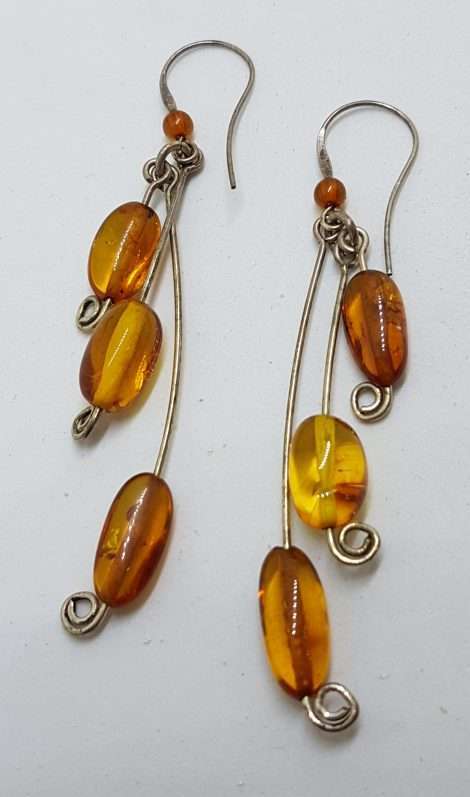 Sterling Silver Natural Baltic Amber Bead on Long Line Drop Earrings - 3 Row