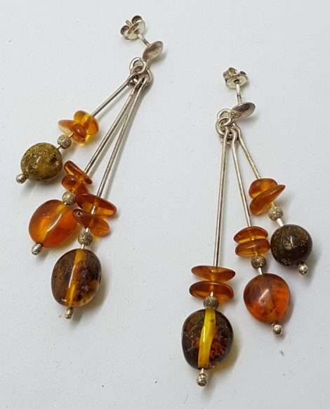 Sterling Silver Natural Baltic Amber Bead on Long Line Drop Earrings - 3 Row
