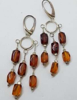 Sterling Silver Natural Baltic Amber Bead on Long Chains Drop Earrings - 3 Row