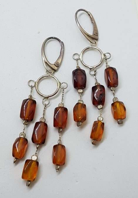 Sterling Silver Natural Baltic Amber Bead on Long Chains Drop Earrings - 3 Row