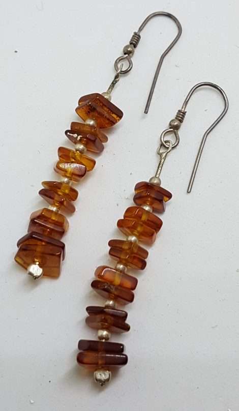 Sterling Silver Natural Baltic Amber Beads on Long Chain Drop Earrings - 1 Row