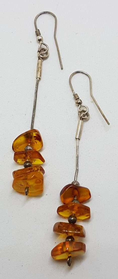 Sterling Silver Natural Baltic Amber Beads on Long Chain Drop Earrings - 1 Row