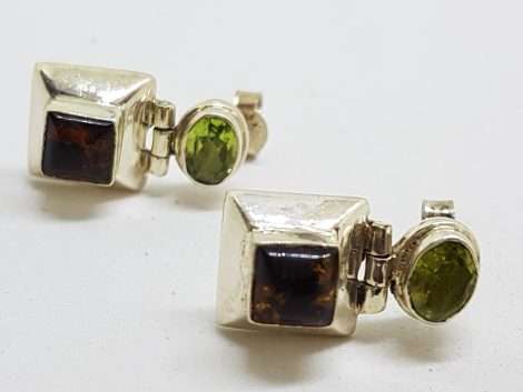Sterling Silver Natural Baltic Amber and Peridot Stud Drop Earrings