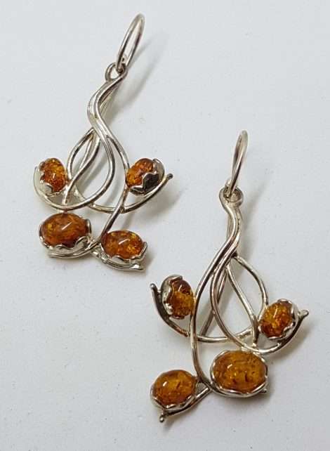 Sterling Silver Natural Baltic Amber Large and Long Cluster Twist Drop Earrings