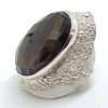 Sterling Silver Very Large & Heavy Oval Bezel Set and Patterned Smokey Quartz Ring