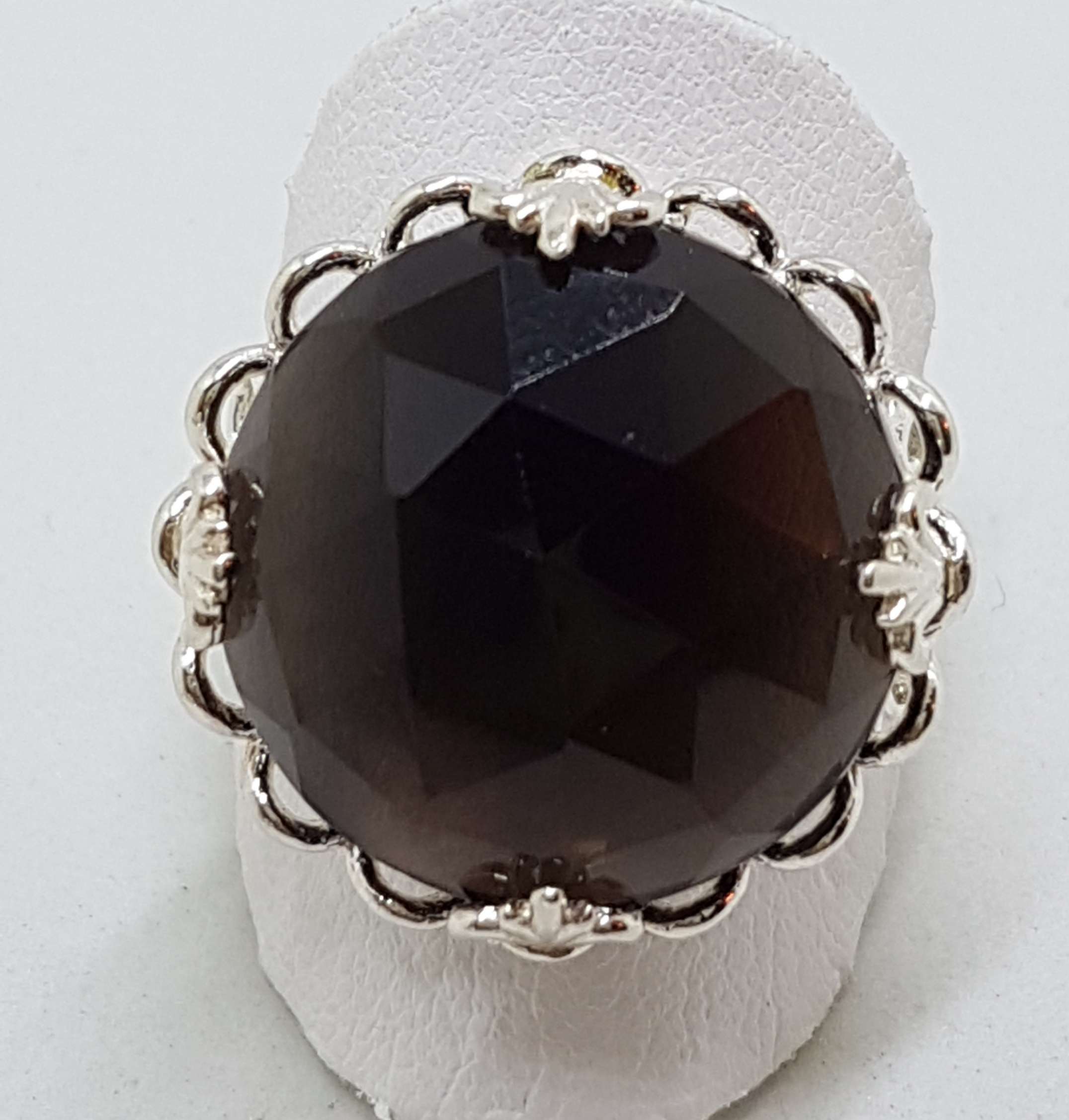 Sterling Silver Large Round Ornate Filigree Claw Set Smokey Quartz Ring