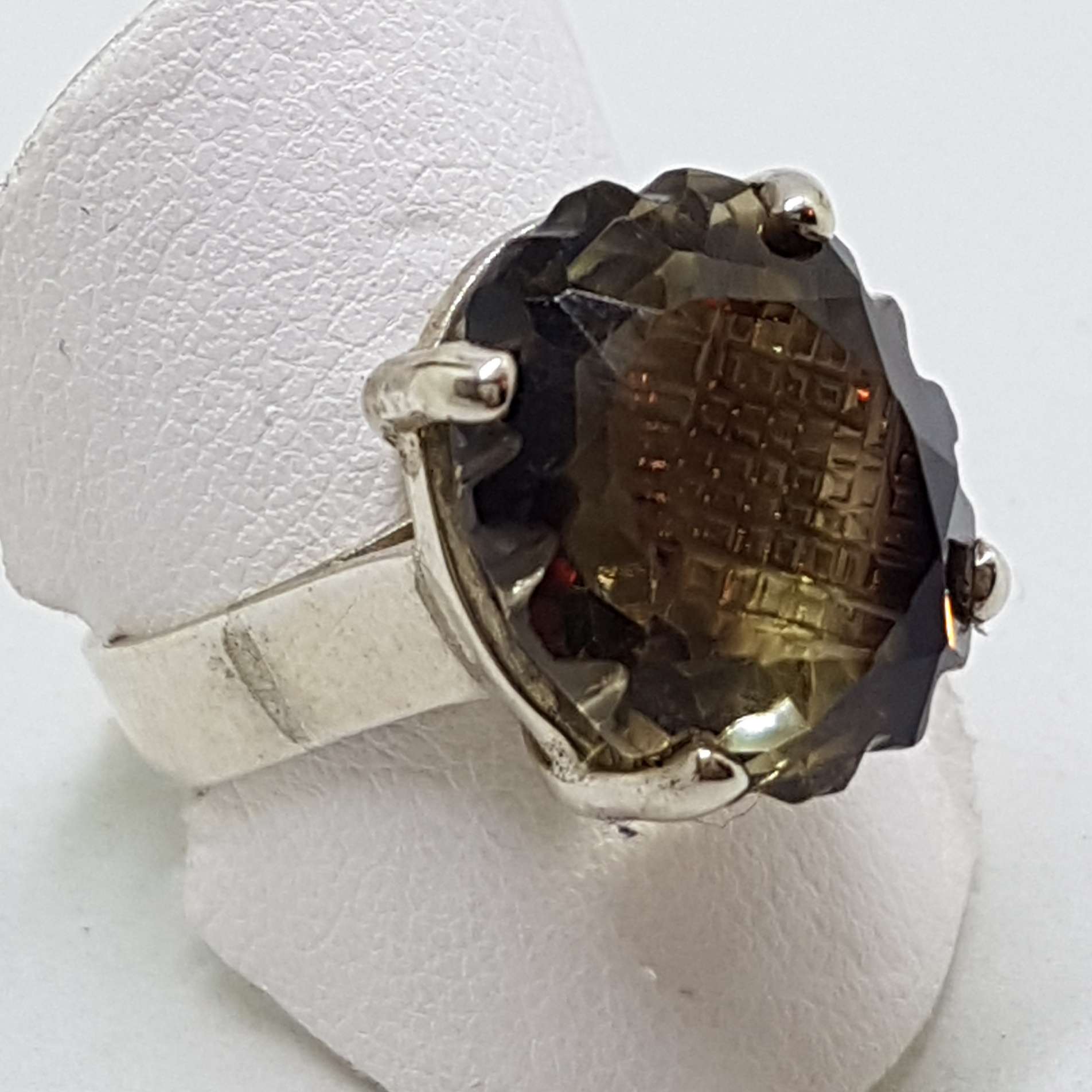 Sterling Silver Oval Unusual Faceted / Carved Claw Set Smokey Quartz Ring