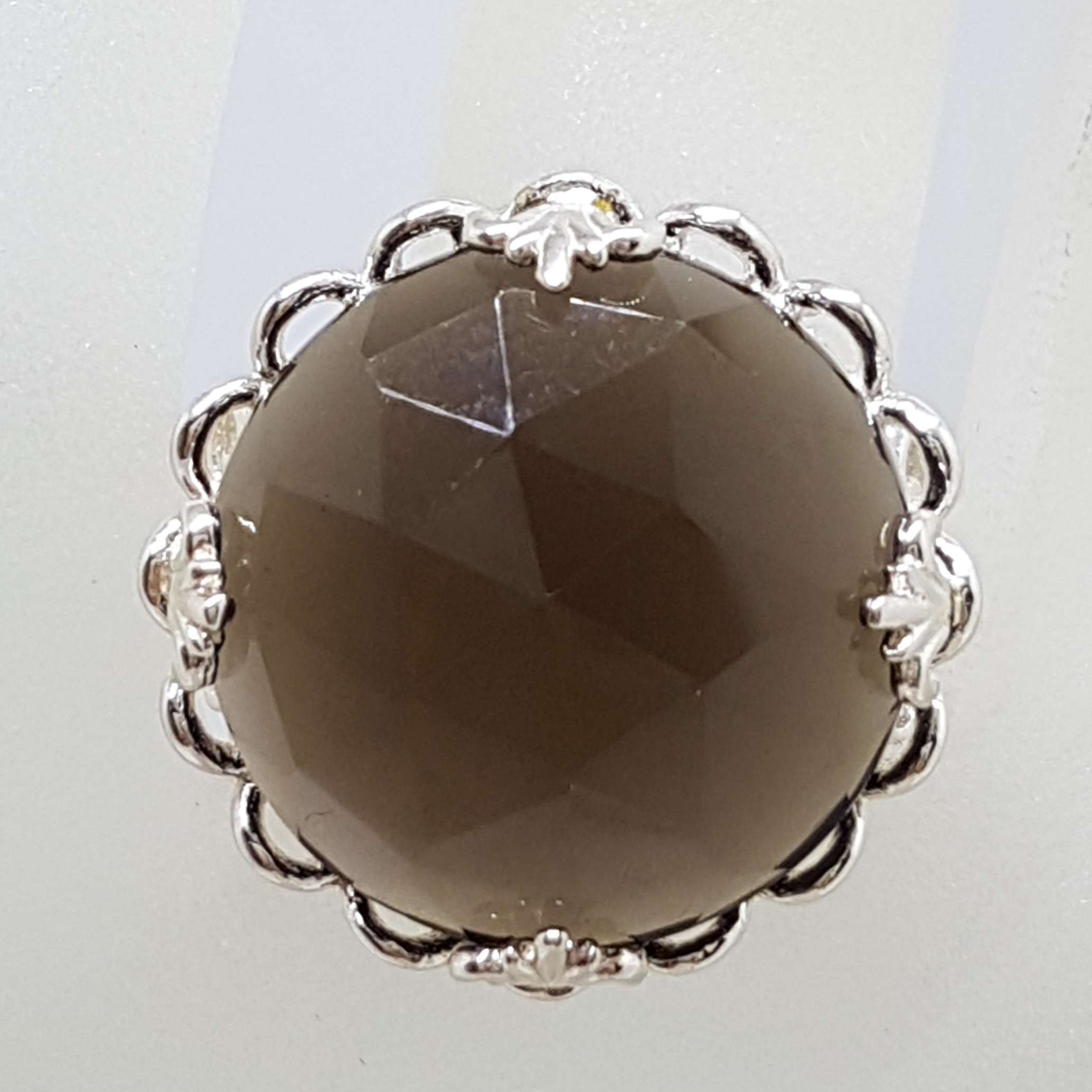 Sterling Silver Large Round Ornate Filigree Claw Set Smokey Quartz Ring