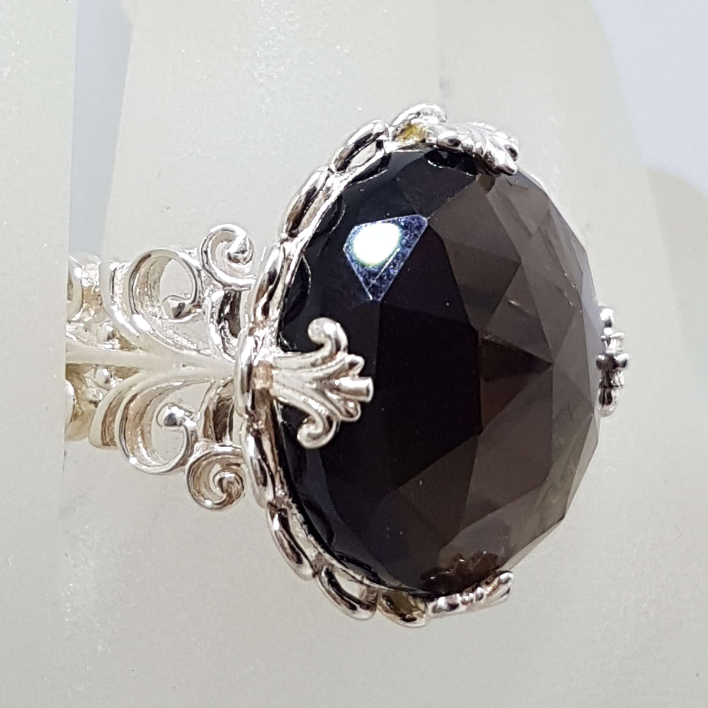 Sterling Silver Large Round Ornate Filigree Claw Set Smokey Quartz Ring