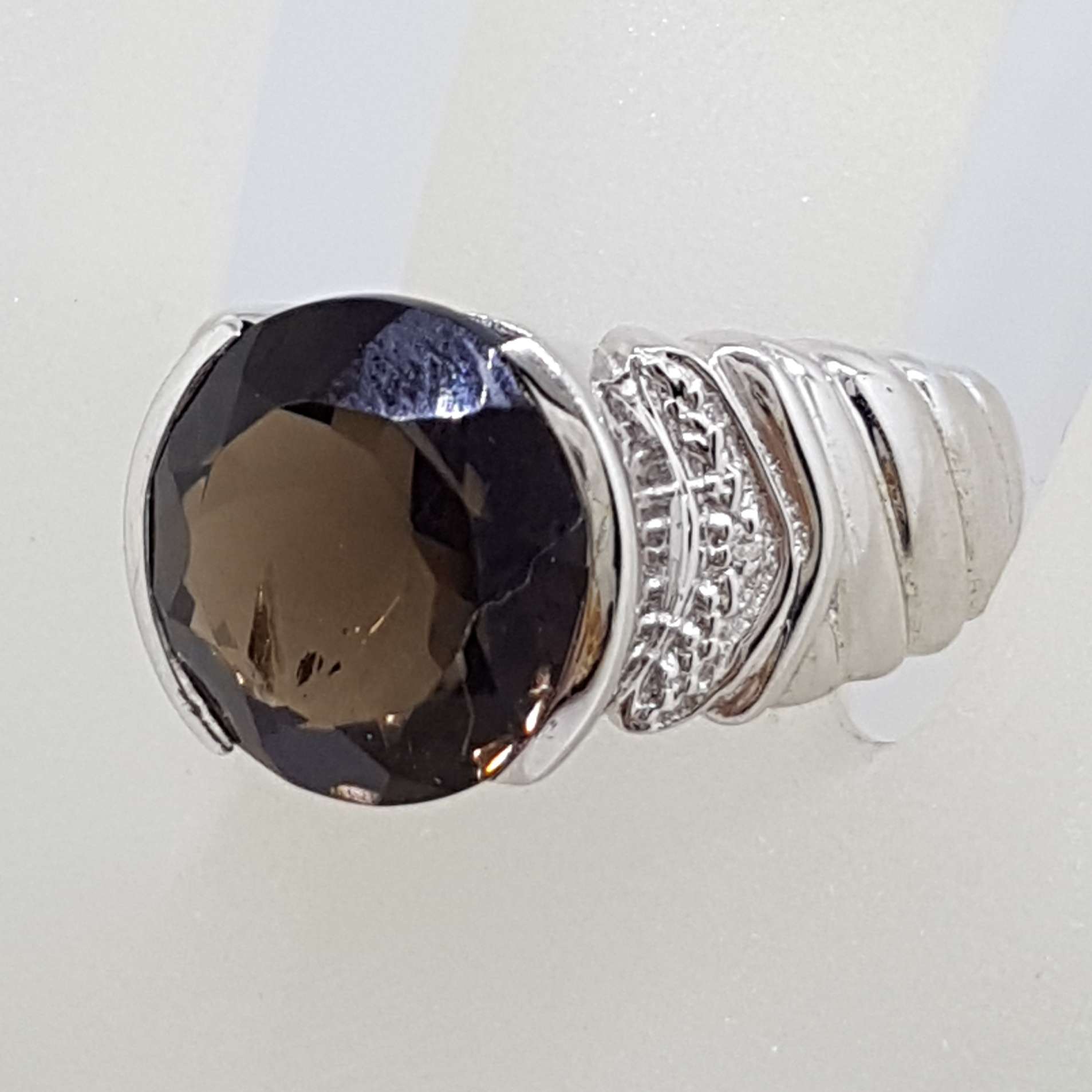 20200910_121436 Sterling Silver Large Round Smokey Quartz and Cubic Zirconia Ring